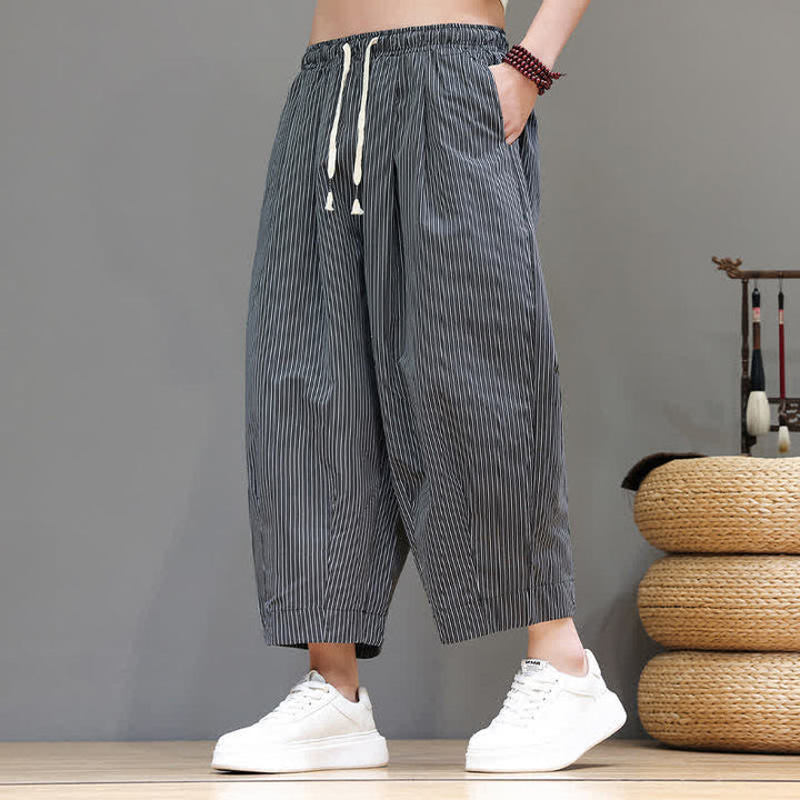 Buddha Stones Sommer-Freizeit-Caprihose mit Kordelzug und Streifenmuster, Herren-Haremshose mit Tasche - image 41