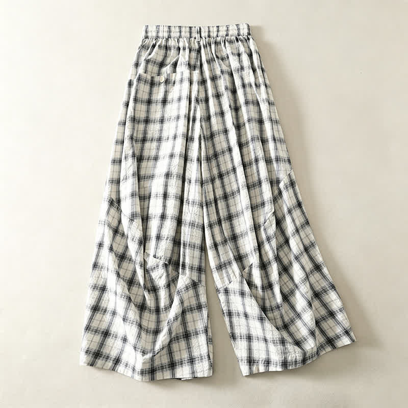 Buddha Stones Sommerliche, lässige lange Hose mit Karomuster, Damenhose mit schmal zulaufendem Bein und Taschen - image 1