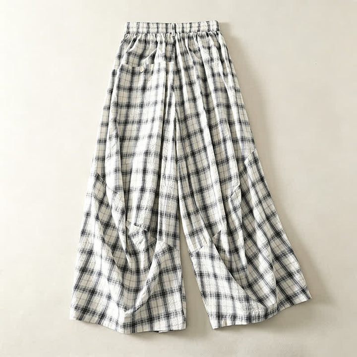 Buddha Stones Sommerliche, lässige lange Hose mit Karomuster, Damenhose mit schmal zulaufendem Bein und Taschen - image 1