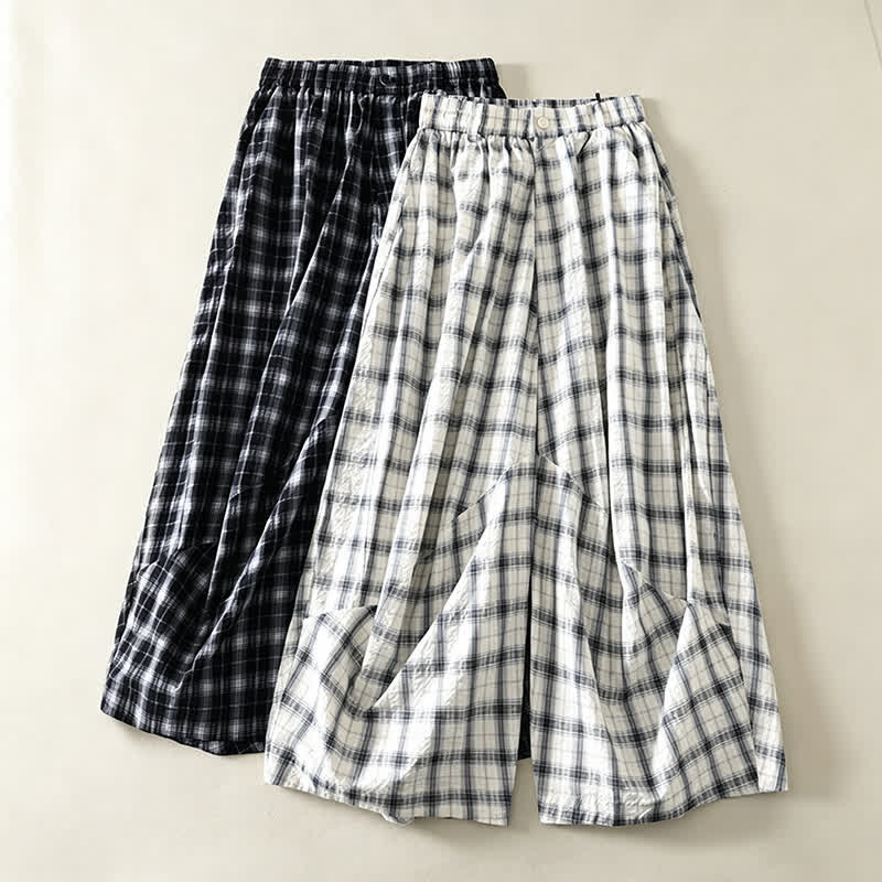 Buddha Stones Sommerliche, lässige lange Hose mit Karomuster, Damenhose mit schmal zulaufendem Bein und Taschen - image 14