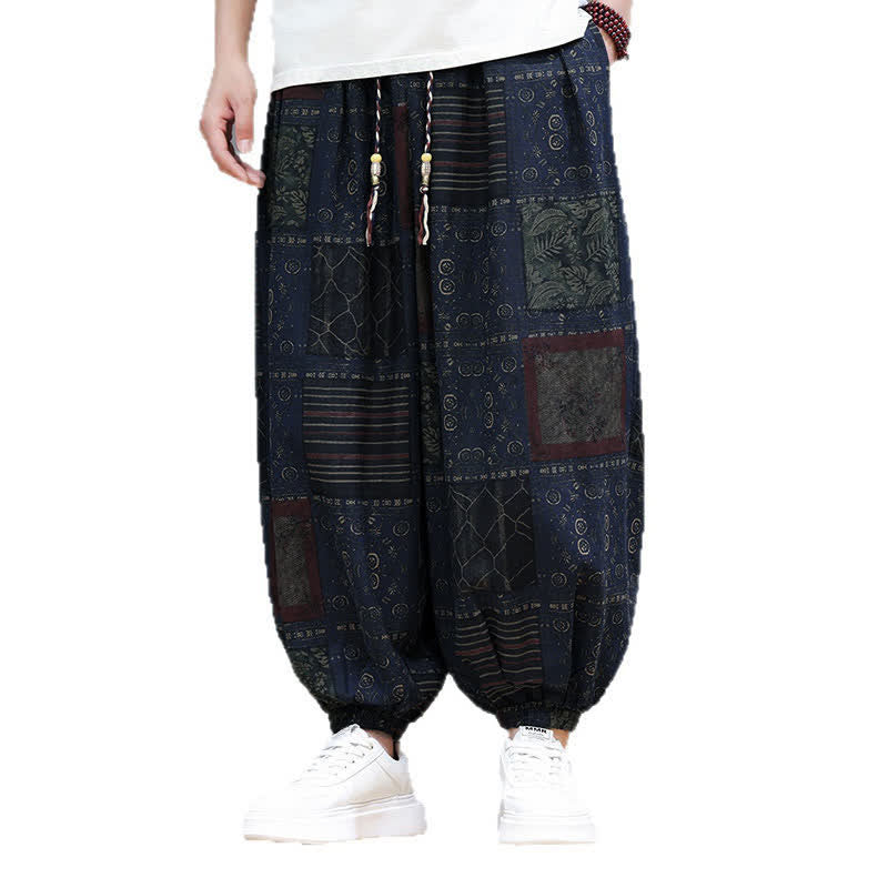 Buddha Stones Sommerliche Boho-Freizeithose mit Kordelzug, geometrischem Schnitt und kurzen Hosenbeinen, Herren-Haremshosen mit Tasche - image 4