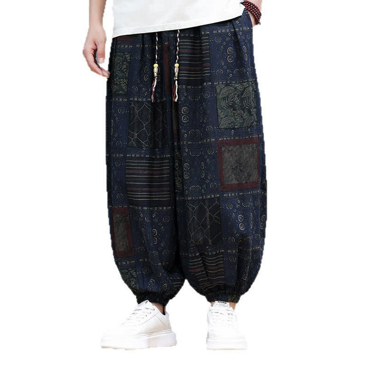 Buddha Stones Sommerliche Boho-Freizeithose mit Kordelzug, geometrischem Schnitt und kurzen Hosenbeinen, Herren-Haremshosen mit Tasche - image 4