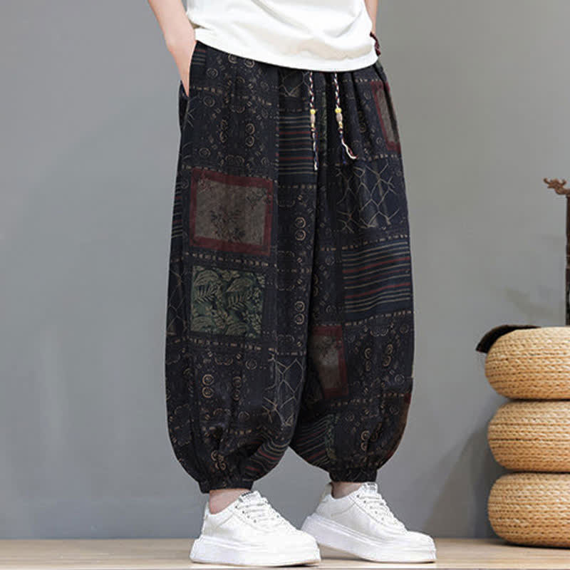 Buddha Stones Sommerliche Boho-Freizeithose mit Kordelzug, geometrischem Schnitt und kurzen Hosenbeinen, Herren-Haremshosen mit Tasche - image 43