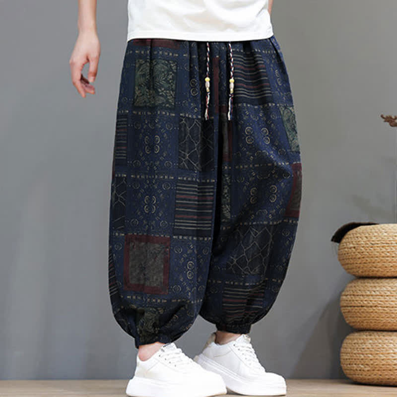 Buddha Stones Sommerliche Boho-Freizeithose mit Kordelzug, geometrischem Schnitt und kurzen Hosenbeinen, Herren-Haremshosen mit Tasche - image 1