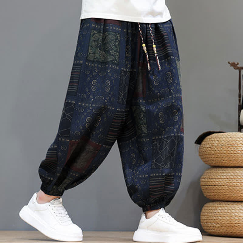 Buddha Stones Sommerliche Boho-Freizeithose mit Kordelzug, geometrischem Schnitt und kurzen Hosenbeinen, Herren-Haremshosen mit Tasche - image 8