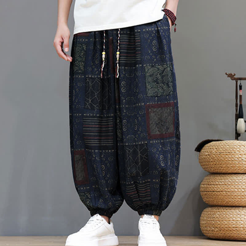 Buddha Stones Sommerliche Boho-Freizeithose mit Kordelzug, geometrischem Schnitt und kurzen Hosenbeinen, Herren-Haremshosen mit Tasche - image 7