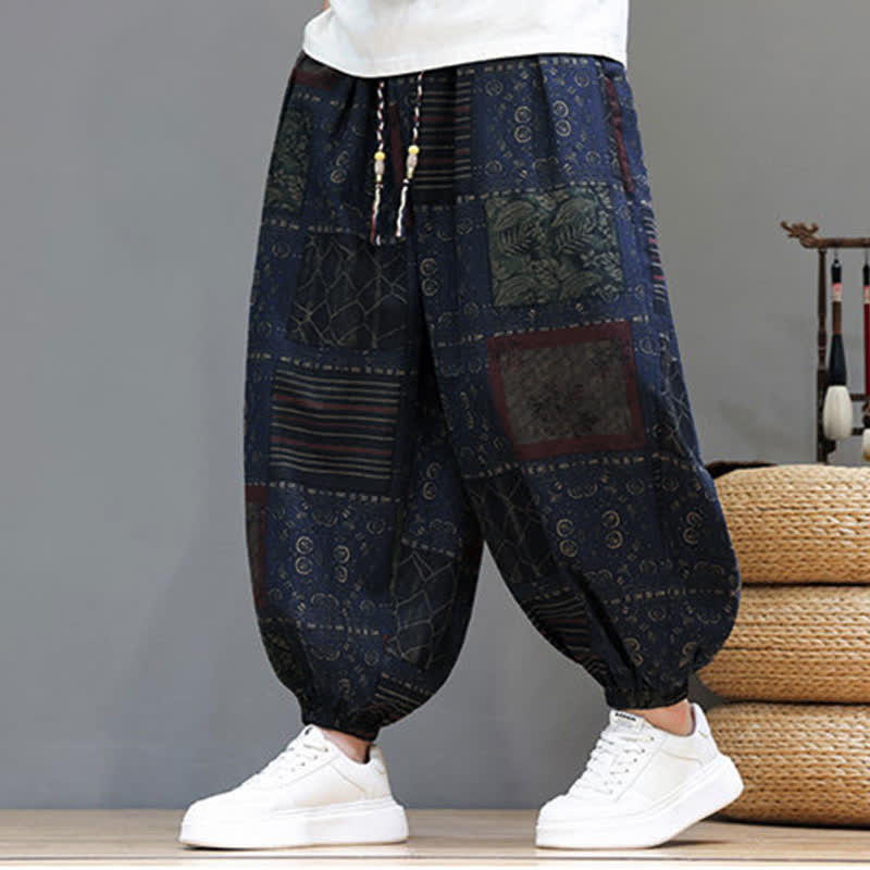 Buddha Stones Sommerliche Boho-Freizeithose mit Kordelzug, geometrischem Schnitt und kurzen Hosenbeinen, Herren-Haremshosen mit Tasche - Mitternachtsblau - US/UK/AU46, EU56 (5XL) - image 0