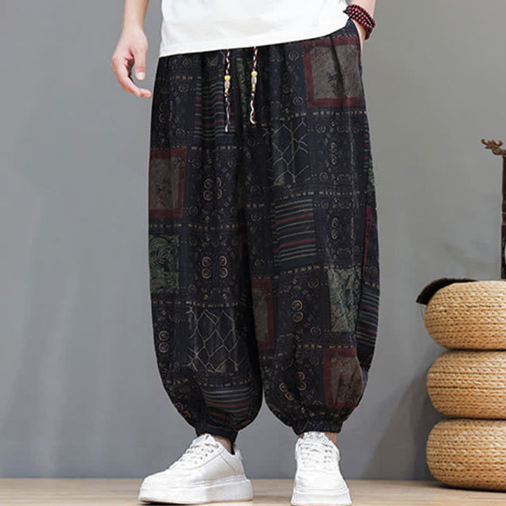 Buddha Stones Sommerliche Boho-Freizeithose mit Kordelzug, geometrischem Schnitt und kurzen Hosenbeinen, Herren-Haremshosen mit Tasche - image 44