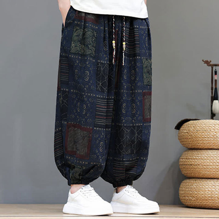 Buddha Stones Sommerliche Boho-Freizeithose mit Kordelzug, geometrischem Schnitt und kurzen Hosenbeinen, Herren-Haremshosen mit Tasche - image 3