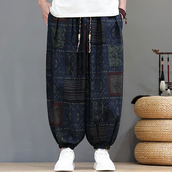 Buddha Stones Sommerliche Boho-Freizeithose mit Kordelzug, geometrischem Schnitt und kurzen Hosenbeinen, Herren-Haremshosen mit Tasche - image 45