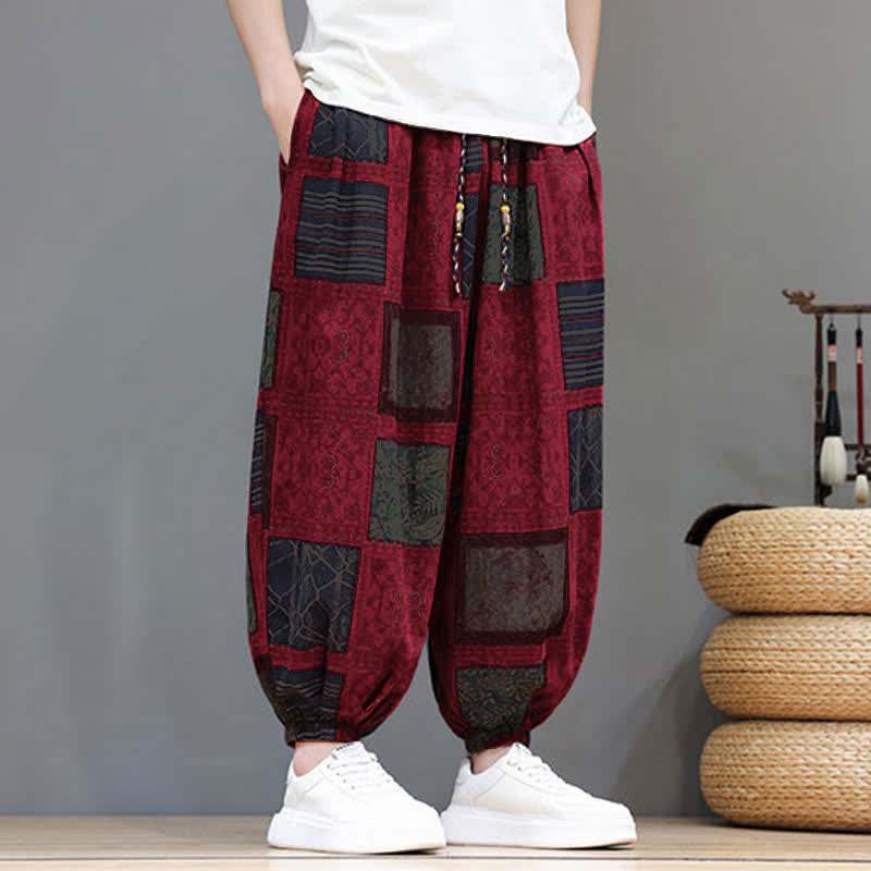 Buddha Stones Sommerliche Boho-Freizeithose mit Kordelzug, geometrischem Schnitt und kurzen Hosenbeinen, Herren-Haremshosen mit Tasche - image 32