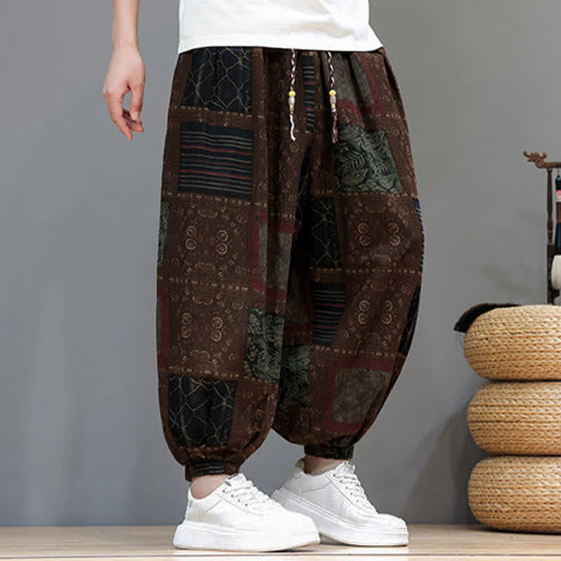 Buddha Stones Sommerliche Boho-Freizeithose mit Kordelzug, geometrischem Schnitt und kurzen Hosenbeinen, Herren-Haremshosen mit Tasche - image 13