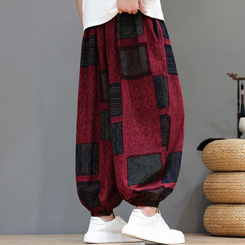 Buddha Stones Sommerliche Boho-Freizeithose mit Kordelzug, geometrischem Schnitt und kurzen Hosenbeinen, Herren-Haremshosen mit Tasche - image 37
