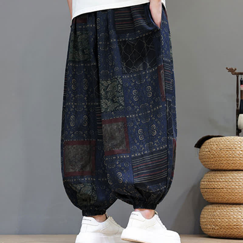 Buddha Stones Sommerliche Boho-Freizeithose mit Kordelzug, geometrischem Schnitt und kurzen Hosenbeinen, Herren-Haremshosen mit Tasche - image 6