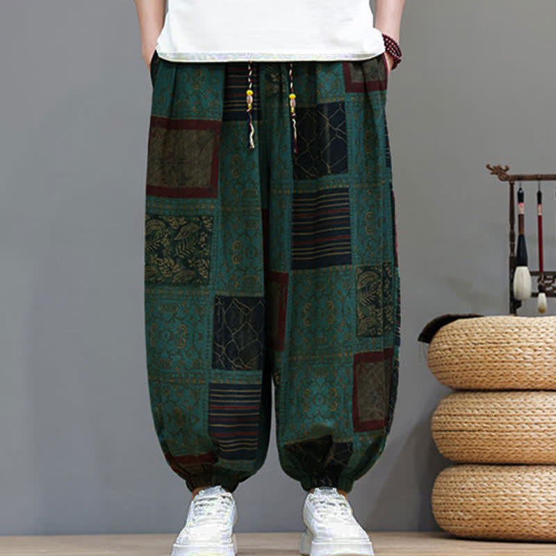 Buddha Stones Sommerliche Boho-Freizeithose mit Kordelzug, geometrischem Schnitt und kurzen Hosenbeinen, Herren-Haremshosen mit Tasche - image 23