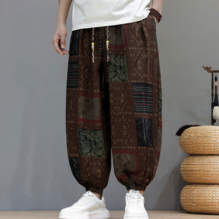 Buddha Stones Sommerliche Boho-Freizeithose mit Kordelzug, geometrischem Schnitt und kurzen Hosenbeinen, Herren-Haremshosen mit Tasche - image 12