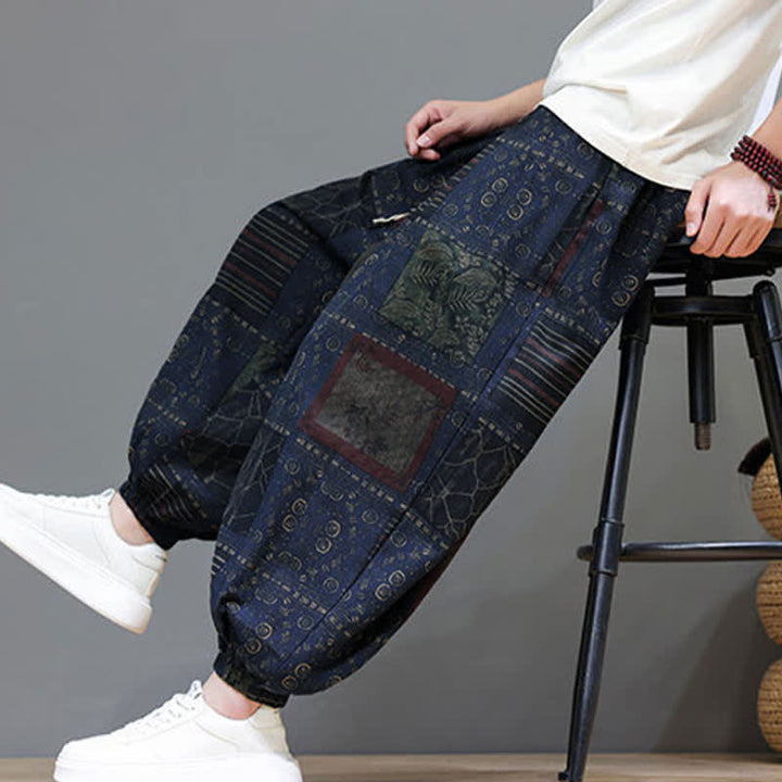 Buddha Stones Sommerliche Boho-Freizeithose mit Kordelzug, geometrischem Schnitt und kurzen Hosenbeinen, Herren-Haremshosen mit Tasche - image 5