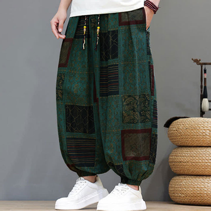 Buddha Stones Sommerliche Boho-Freizeithose mit Kordelzug, geometrischem Schnitt und kurzen Hosenbeinen, Herren-Haremshosen mit Tasche - image 26