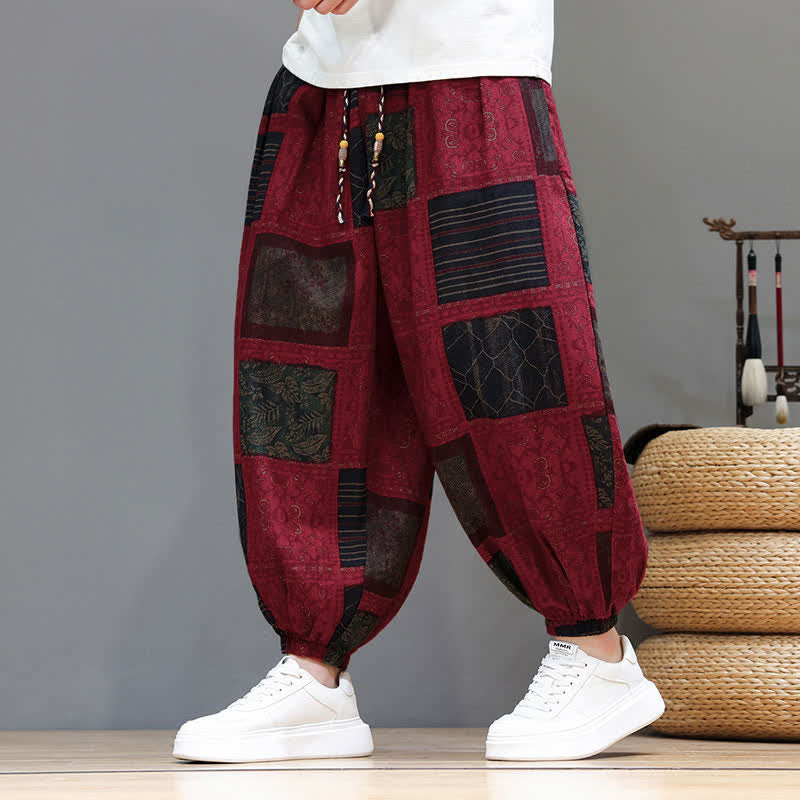 Buddha Stones Sommerliche Boho-Freizeithose mit Kordelzug, geometrischem Schnitt und kurzen Hosenbeinen, Herren-Haremshosen mit Tasche - Feuerfestziegel - US/UK/AU46, EU56 (5XL) - image 31