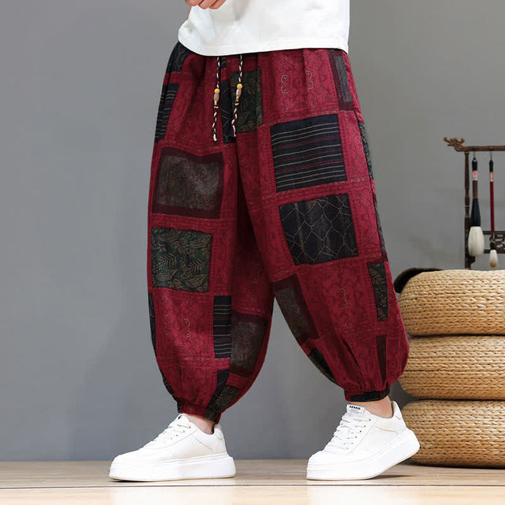 Buddha Stones Sommerliche Boho-Freizeithose mit Kordelzug, geometrischem Schnitt und kurzen Hosenbeinen, Herren-Haremshosen mit Tasche - Feuerfestziegel - US/UK/AU46, EU56 (5XL) - image 31