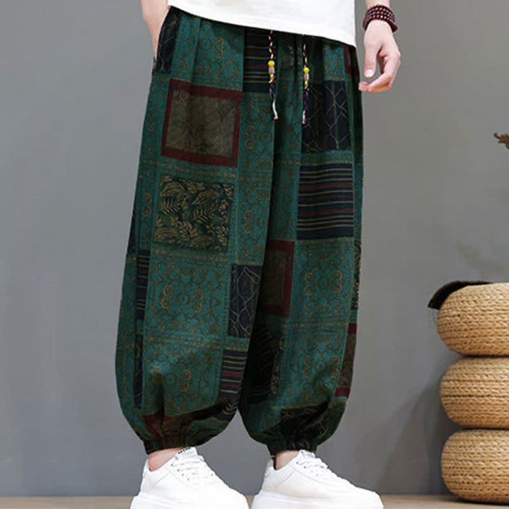 Buddha Stones Sommerliche Boho-Freizeithose mit Kordelzug, geometrischem Schnitt und kurzen Hosenbeinen, Herren-Haremshosen mit Tasche - image 22