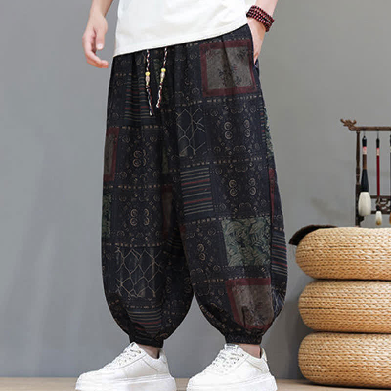 Buddha Stones Sommerliche Boho-Freizeithose mit Kordelzug, geometrischem Schnitt und kurzen Hosenbeinen, Herren-Haremshosen mit Tasche - image 50