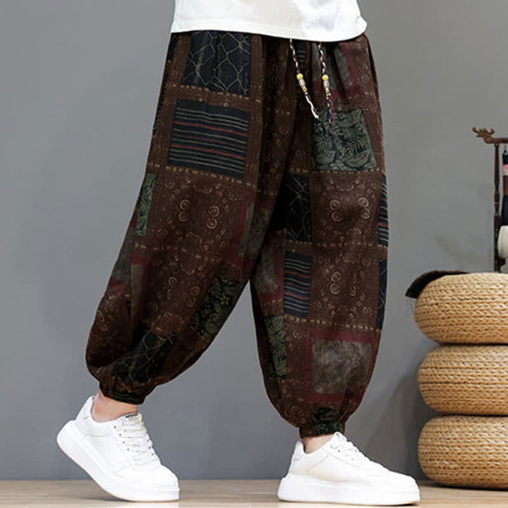 Buddha Stones Sommerliche Boho-Freizeithose mit Kordelzug, geometrischem Schnitt und kurzen Hosenbeinen, Herren-Haremshosen mit Tasche - image 14