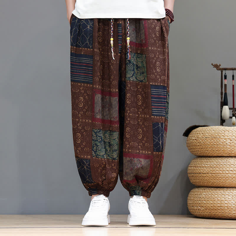 Buddha Stones Sommerliche Boho-Freizeithose mit Kordelzug, geometrischem Schnitt und kurzen Hosenbeinen, Herren-Haremshosen mit Tasche - image 10
