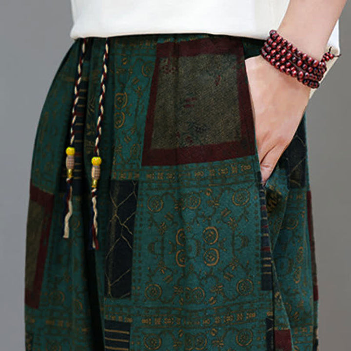 Buddha Stones Sommerliche Boho-Freizeithose mit Kordelzug, geometrischem Schnitt und kurzen Hosenbeinen, Herren-Haremshosen mit Tasche - image 29