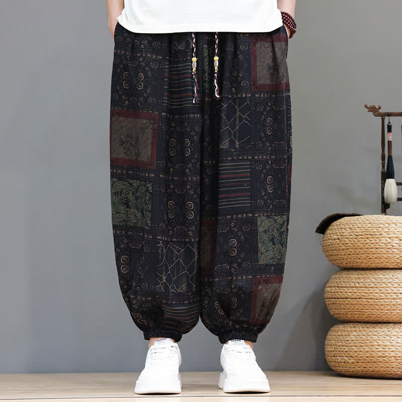 Buddha Stones Sommerliche Boho-Freizeithose mit Kordelzug, geometrischem Schnitt und kurzen Hosenbeinen, Herren-Haremshosen mit Tasche - image 48