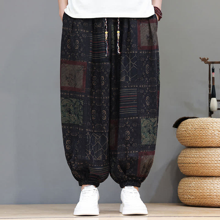 Buddha Stones Sommerliche Boho-Freizeithose mit Kordelzug, geometrischem Schnitt und kurzen Hosenbeinen, Herren-Haremshosen mit Tasche - image 48