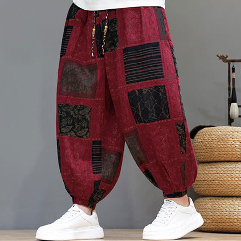 Buddha Stones Sommerliche Boho-Freizeithose mit Kordelzug, geometrischem Schnitt und kurzen Hosenbeinen, Herren-Haremshosen mit Tasche - image 39