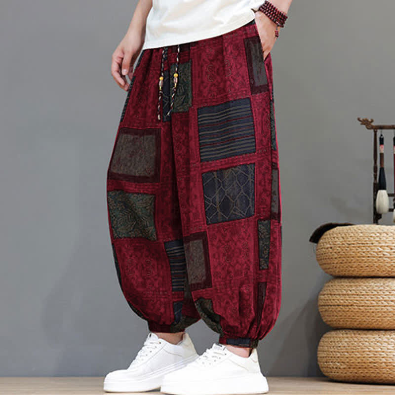 Buddha Stones Sommerliche Boho-Freizeithose mit Kordelzug, geometrischem Schnitt und kurzen Hosenbeinen, Herren-Haremshosen mit Tasche - image 34
