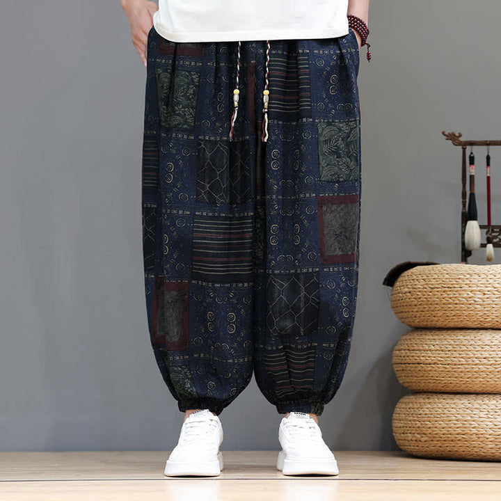 Buddha Stones Sommerliche Boho-Freizeithose mit Kordelzug, geometrischem Schnitt und kurzen Hosenbeinen, Herren-Haremshosen mit Tasche - image 46