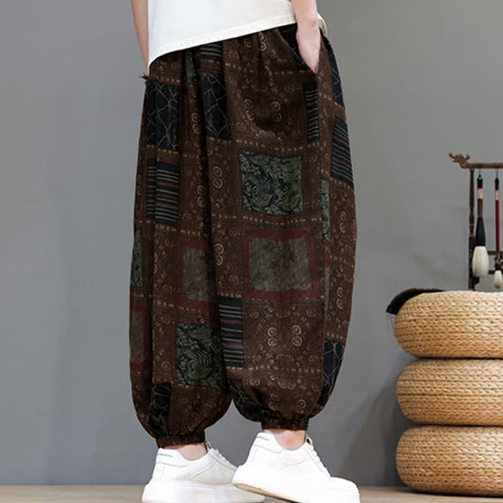 Buddha Stones Sommerliche Boho-Freizeithose mit Kordelzug, geometrischem Schnitt und kurzen Hosenbeinen, Herren-Haremshosen mit Tasche - image 11