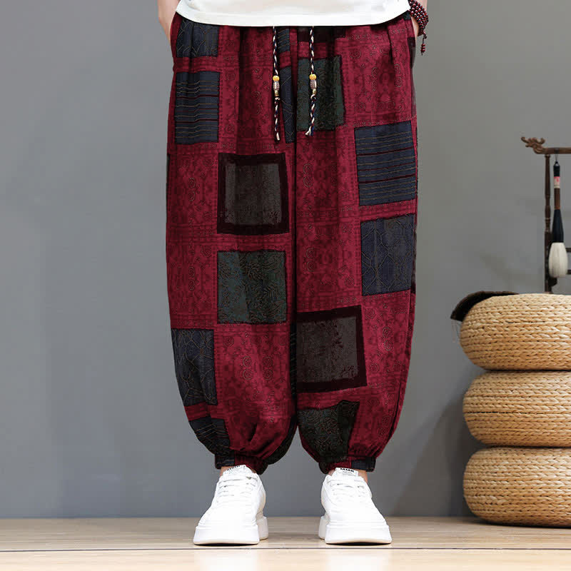 Buddha Stones Sommerliche Boho-Freizeithose mit Kordelzug, geometrischem Schnitt und kurzen Hosenbeinen, Herren-Haremshosen mit Tasche - image 40
