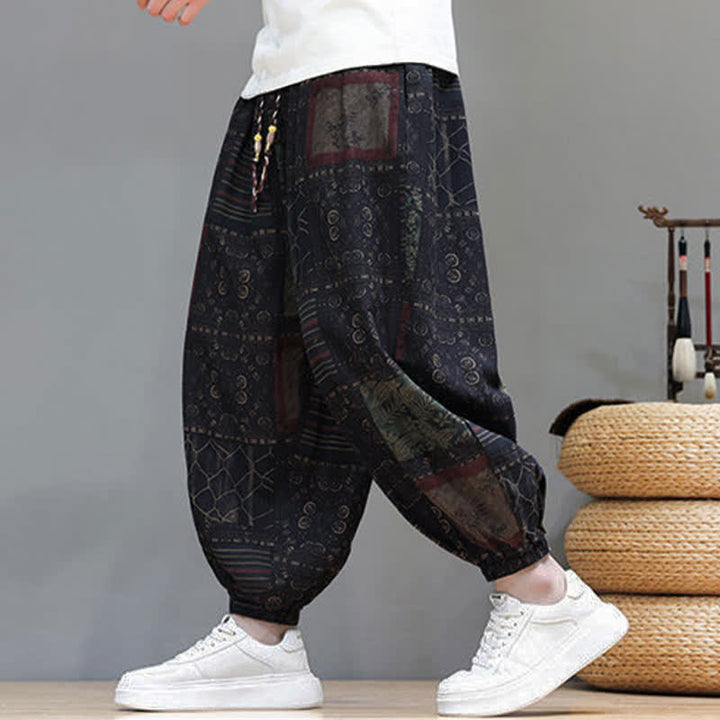 Buddha Stones Sommerliche Boho-Freizeithose mit Kordelzug, geometrischem Schnitt und kurzen Hosenbeinen, Herren-Haremshosen mit Tasche - Schwarz - US/UK/AU46, EU56 (5XL) - image 41