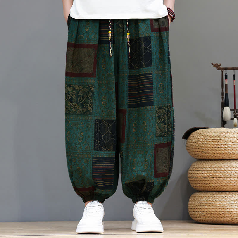 Buddha Stones Sommerliche Boho-Freizeithose mit Kordelzug, geometrischem Schnitt und kurzen Hosenbeinen, Herren-Haremshosen mit Tasche - image 20