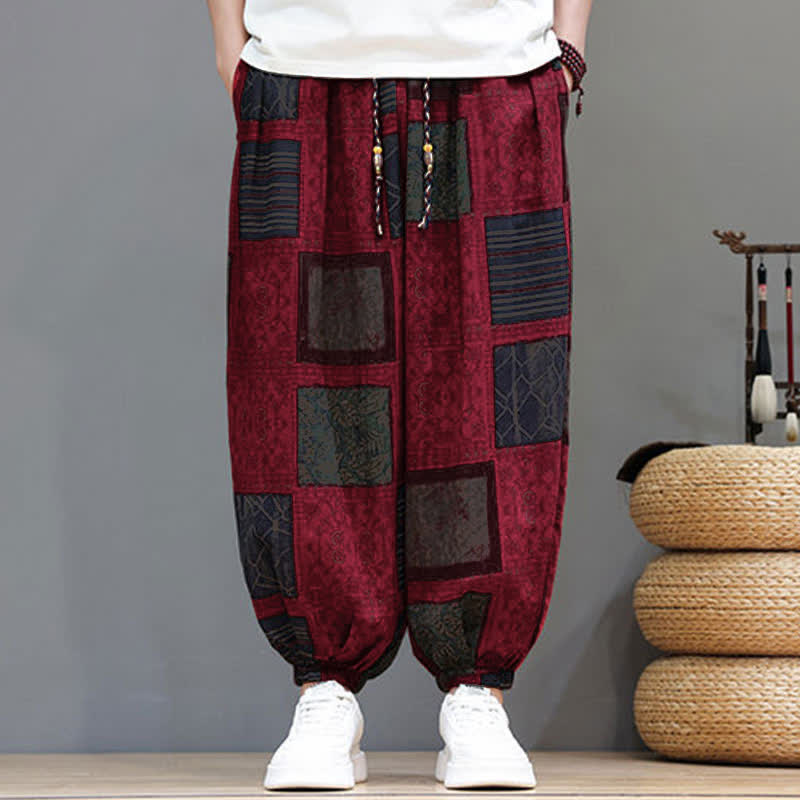 Buddha Stones Sommerliche Boho-Freizeithose mit Kordelzug, geometrischem Schnitt und kurzen Hosenbeinen, Herren-Haremshosen mit Tasche - image 36