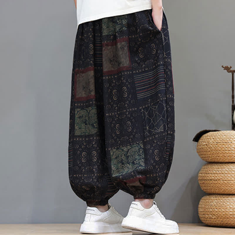 Buddha Stones Sommerliche Boho-Freizeithose mit Kordelzug, geometrischem Schnitt und kurzen Hosenbeinen, Herren-Haremshosen mit Tasche - image 51