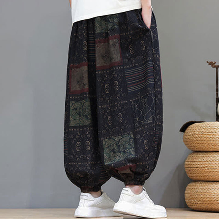 Buddha Stones Sommerliche Boho-Freizeithose mit Kordelzug, geometrischem Schnitt und kurzen Hosenbeinen, Herren-Haremshosen mit Tasche - image 51
