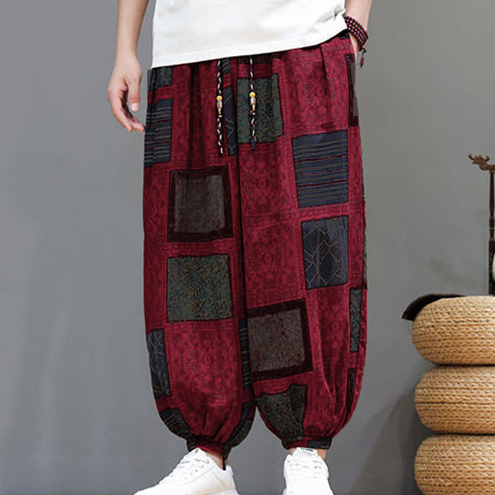 Buddha Stones Sommerliche Boho-Freizeithose mit Kordelzug, geometrischem Schnitt und kurzen Hosenbeinen, Herren-Haremshosen mit Tasche - image 33