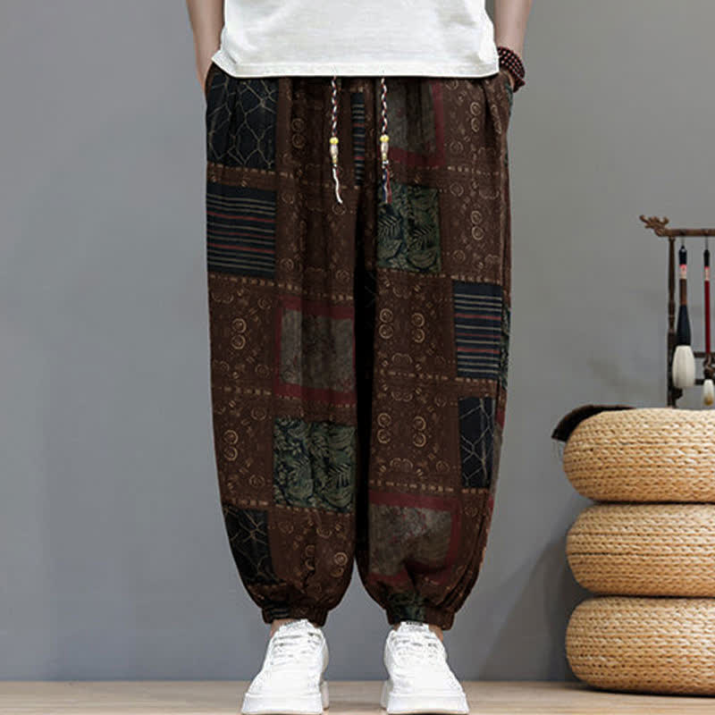 Buddha Stones Sommerliche Boho-Freizeithose mit Kordelzug, geometrischem Schnitt und kurzen Hosenbeinen, Herren-Haremshosen mit Tasche - image 17
