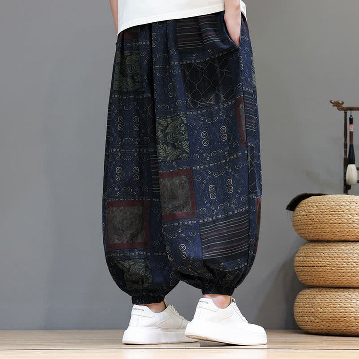 Buddha Stones Sommerliche Boho-Freizeithose mit Kordelzug, geometrischem Schnitt und kurzen Hosenbeinen, Herren-Haremshosen mit Tasche - image 2