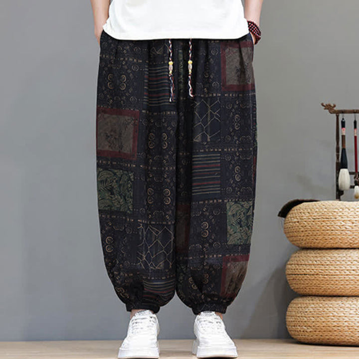 Buddha Stones Sommerliche Boho-Freizeithose mit Kordelzug, geometrischem Schnitt und kurzen Hosenbeinen, Herren-Haremshosen mit Tasche - image 49