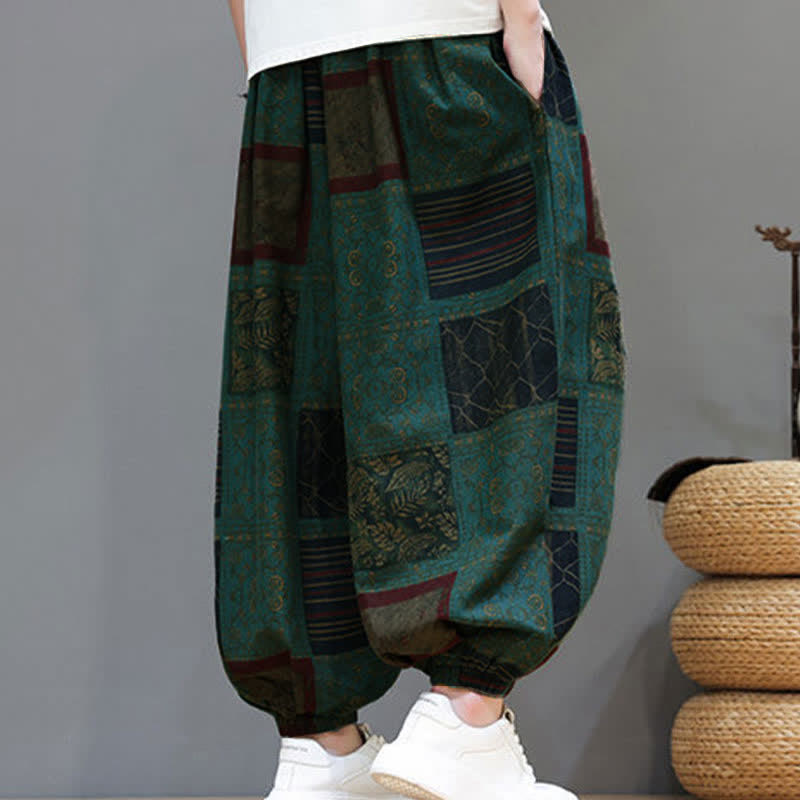 Buddha Stones Sommerliche Boho-Freizeithose mit Kordelzug, geometrischem Schnitt und kurzen Hosenbeinen, Herren-Haremshosen mit Tasche - image 24