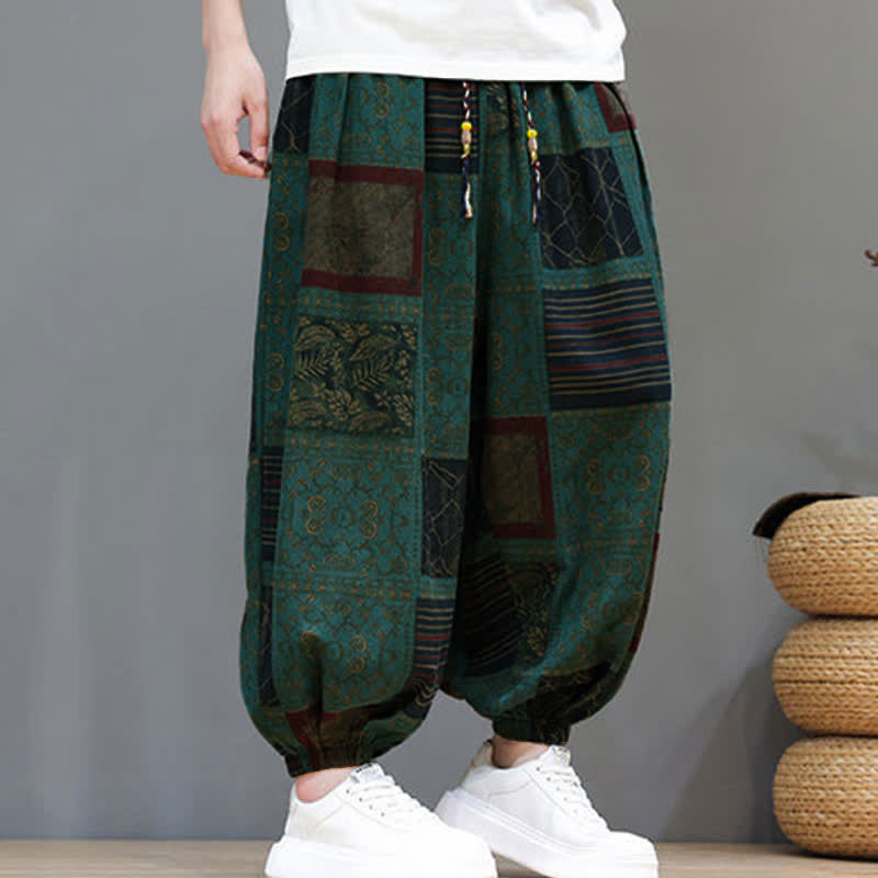 Buddha Stones Sommerliche Boho-Freizeithose mit Kordelzug, geometrischem Schnitt und kurzen Hosenbeinen, Herren-Haremshosen mit Tasche - image 21