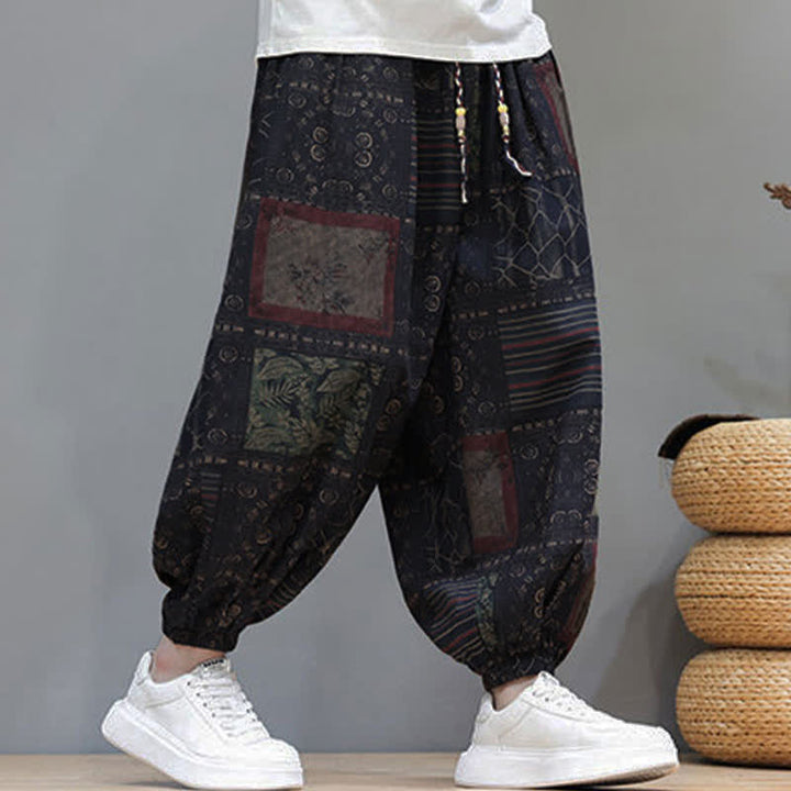 Buddha Stones Sommerliche Boho-Freizeithose mit Kordelzug, geometrischem Schnitt und kurzen Hosenbeinen, Herren-Haremshosen mit Tasche - image 47