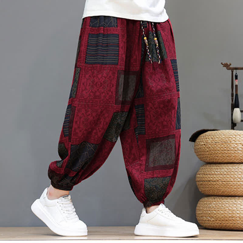 Buddha Stones Sommerliche Boho-Freizeithose mit Kordelzug, geometrischem Schnitt und kurzen Hosenbeinen, Herren-Haremshosen mit Tasche - image 35