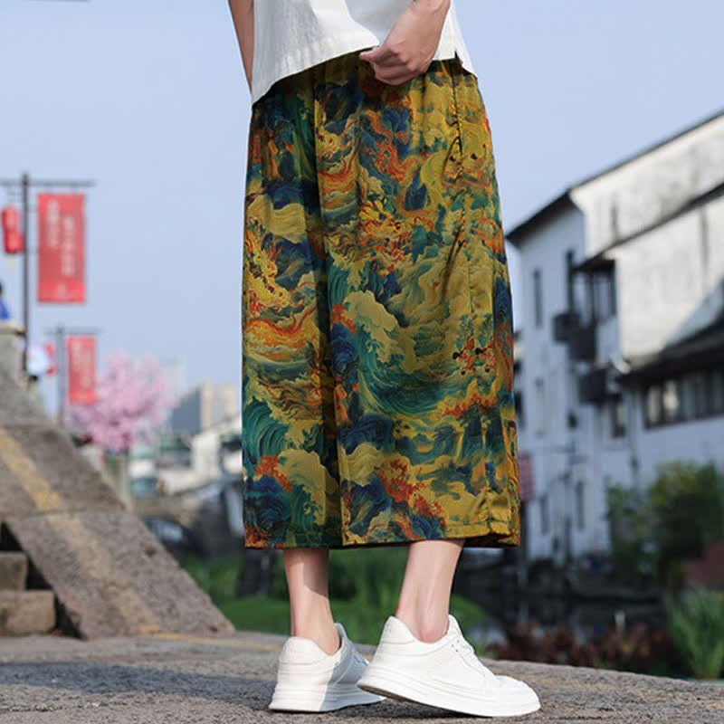 Buddha Stones Lässige, knöchellange Herrenhose im Vintage-Stil mit Kordelzug und Kranichmuster, Tasche - image 4